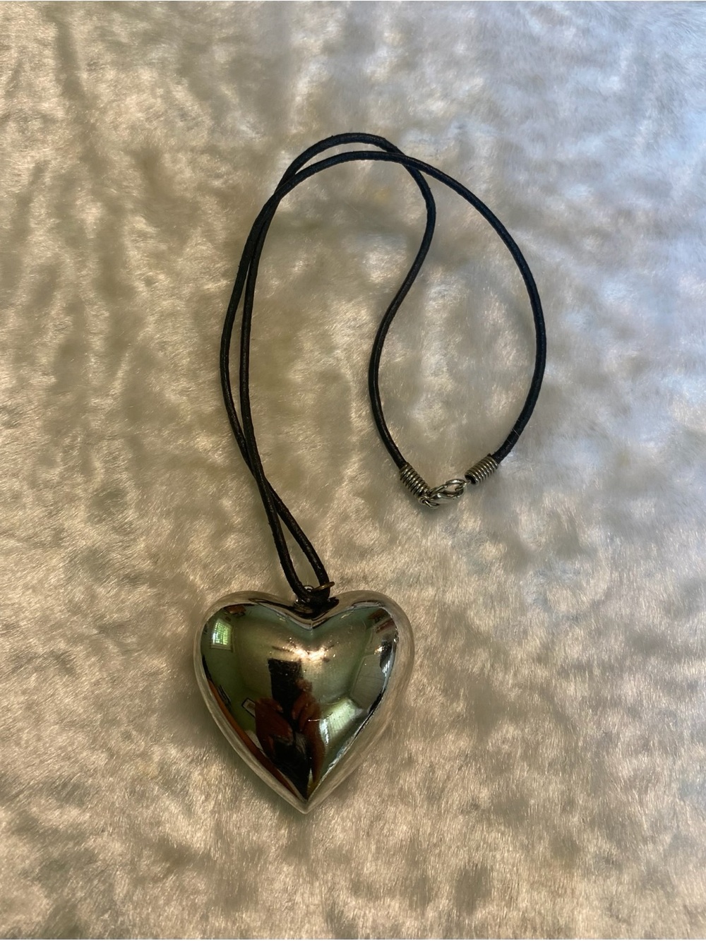 🍀Shiny Silver Puffy Heart Pendant Necklace on Black Cord